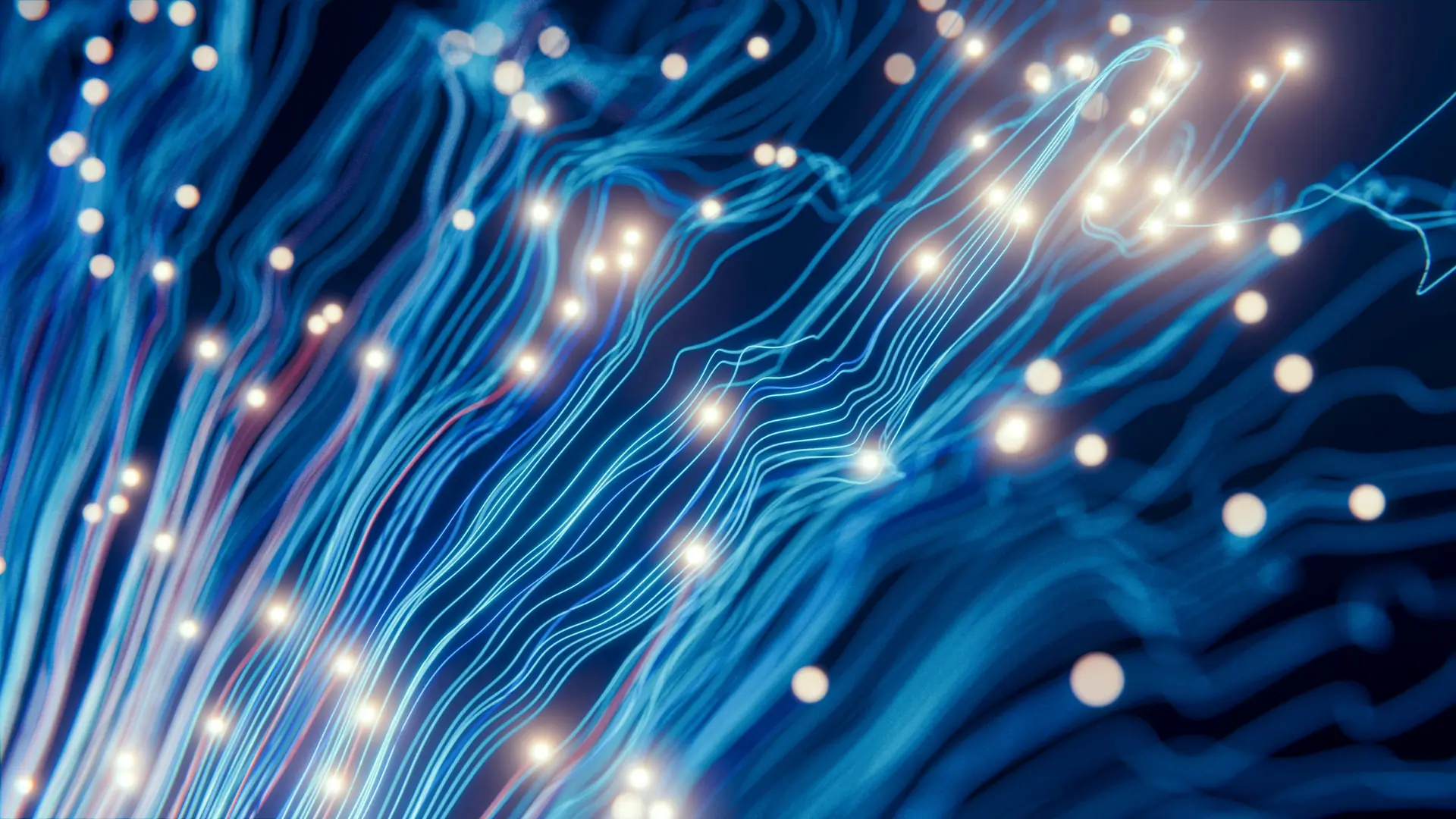 Strands of fibre-optic cable glowing blue and white in the dark